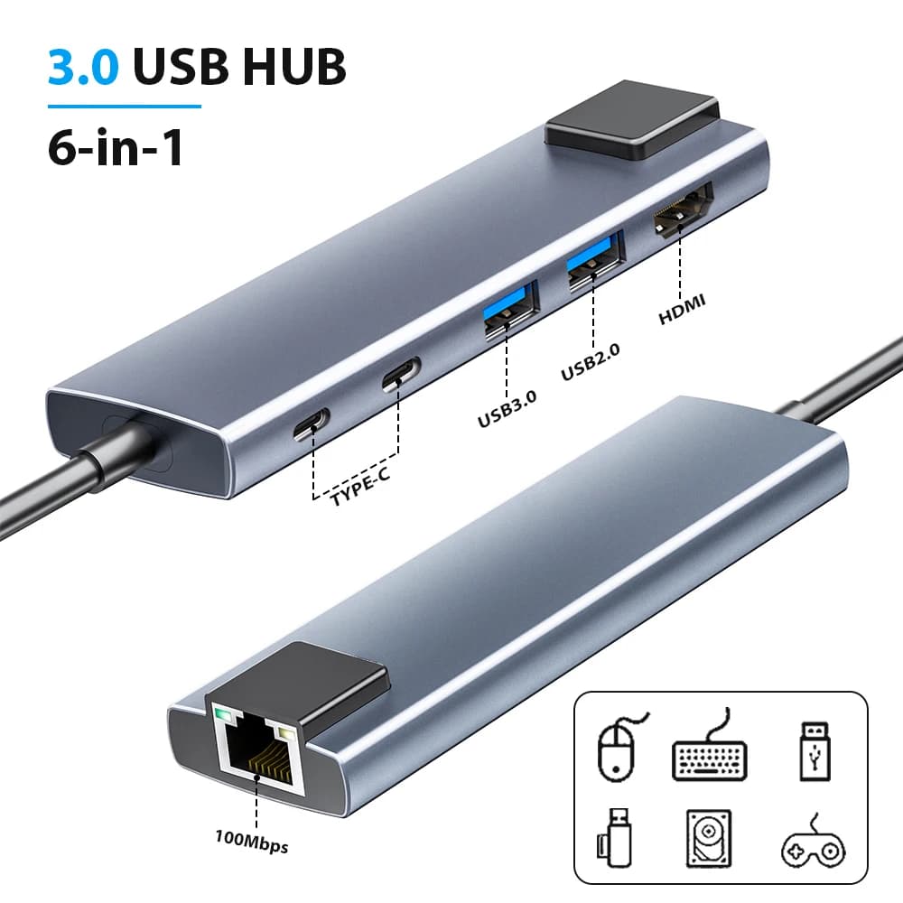 Hub USB Tipo C Docking station multiporta 6 in 1 USB 3.0 4K a 30 Hz Supporta Docking station per laptop con ricarica inversa da 65 W USB C