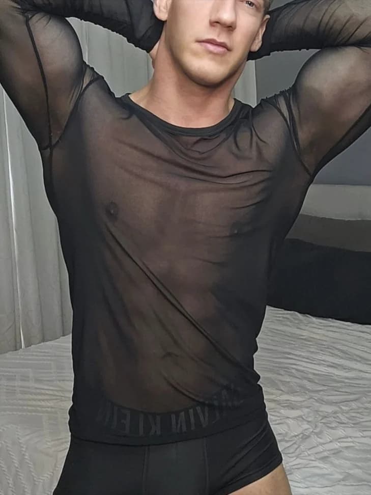 Sexy See-through Mesh T-shirt Men's Smooth Modal Long Sleeve Cover-up Elastic Hollow-out Transparent Base Underwear