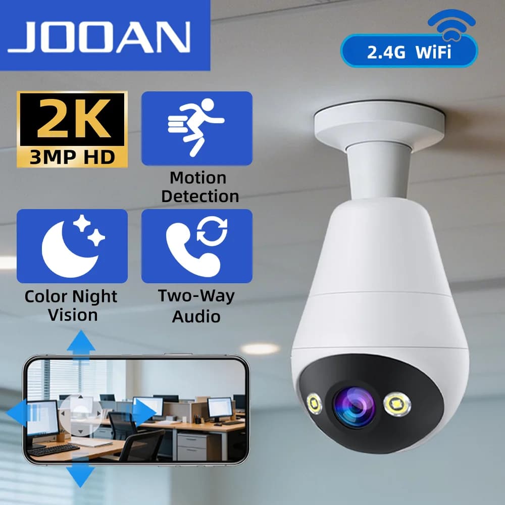 Telecamera WiFi JOOAN E27 con Lampadina, 3MP, Tracciamento Automatico, Visione Notturna a Colori, Videosorveglianza Domestica