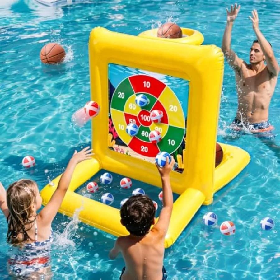 Tiro a segno 2-in-1 per piscina con canestro da basket e bersaglio per freccette, per adulti, giallo, giochi per feste in piscina con palline multiple, in plastica resistente