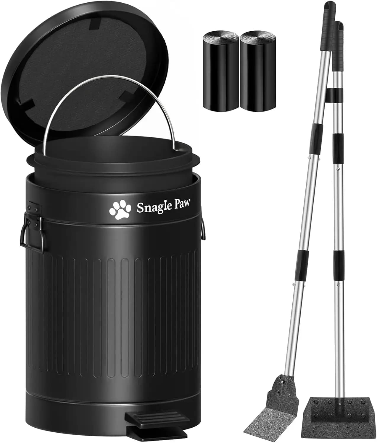 Set Raccogli Escrementi per Cani con Manico Lungo 38,2 Pollici, Cestino da 12L, Coperchio OdorLock e Filtro al Carbone, Include 40 Sacchetti per Rifiuti