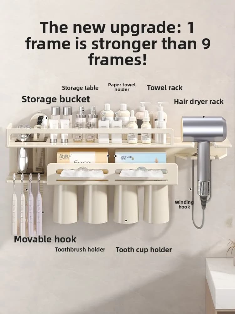 Suction Cup Multifunctional White Toothbrush Holder Wall Mounted Hair Dryer Rack Facial Towel Storage Organizer for Bathroom