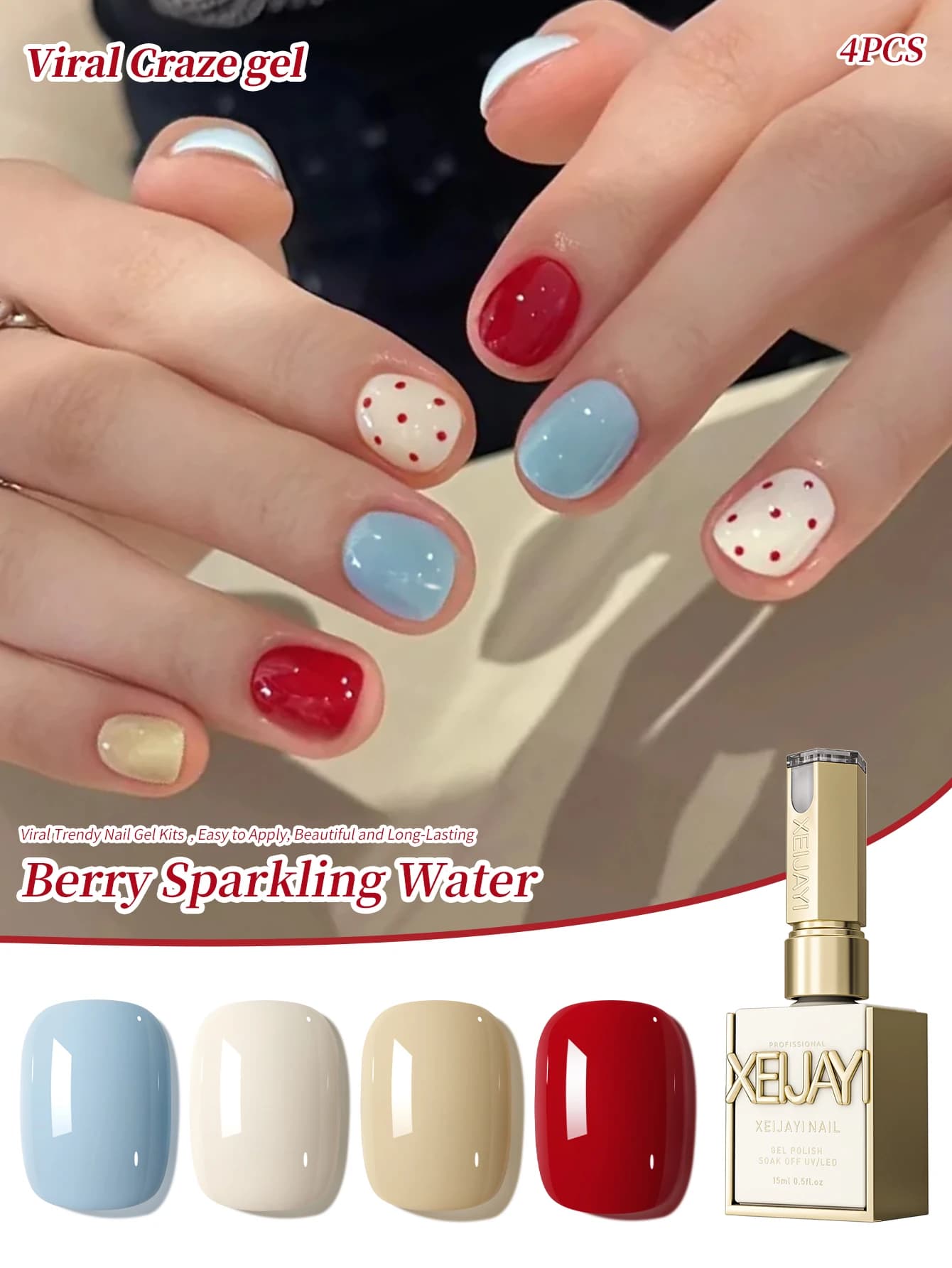 Set di smalti gel per unghie colorati rosso blu da 4 pezzi 15 ml Starter Pure Soak Off No Wipe Smalto gel per unghie adatto per la primavera e l'estate