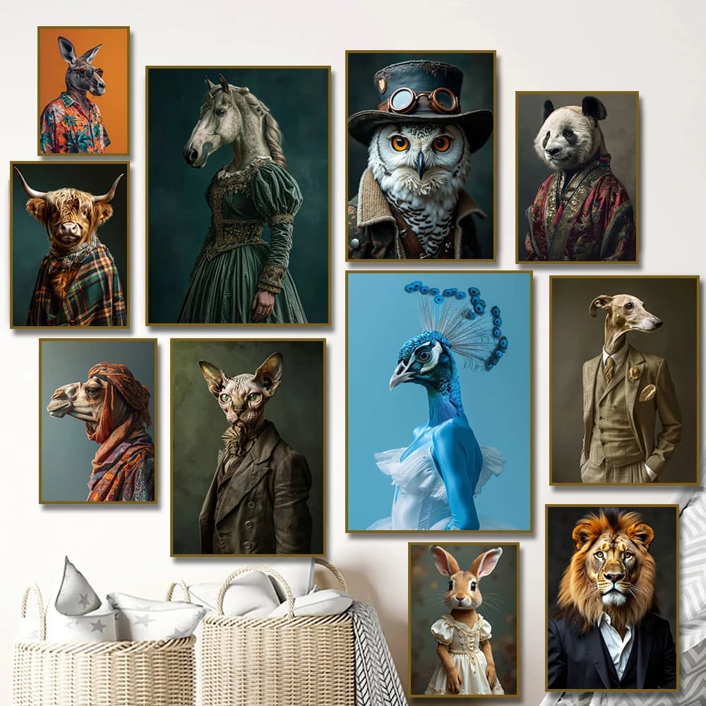 (No frame)Cute Animals Wearing Suits Posters Owl Cow Rabbit Lion Tiger Bull Panda Canvas Painting Prints HD Pictures Wall Ar
