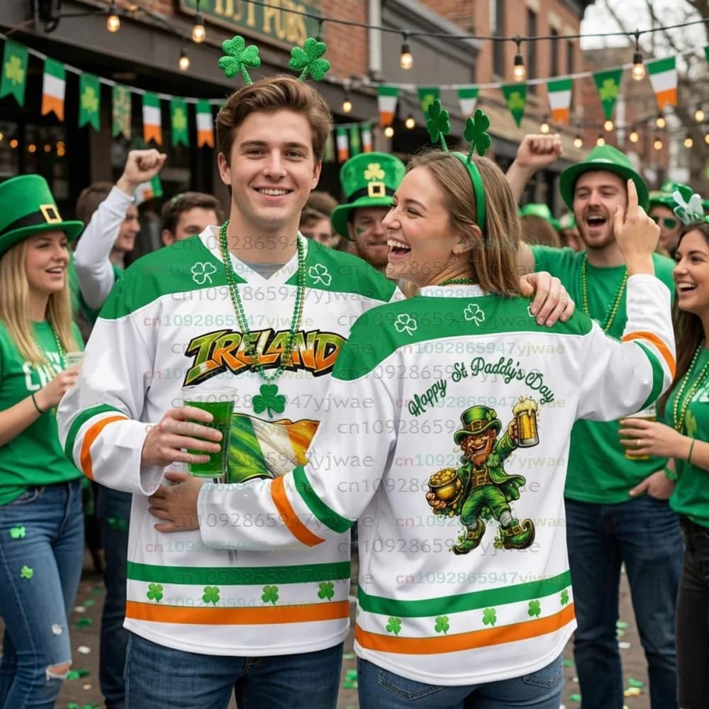 Maglia da Hockey St. Patrick's 2026 per Donna, T-Shirt a Maniche Lunghe con Bandiera Irlandese Verde, Scollo a V Unisex per Uomo e Donna
