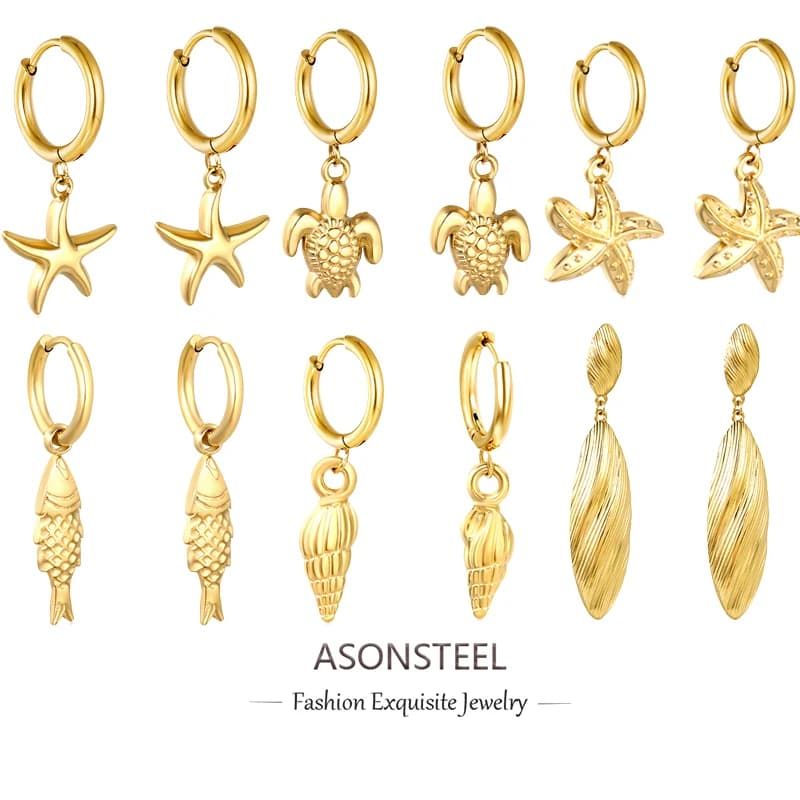 ASONSTEEL Trendy Ocean Shell Starfish Conch Sea Turtle Drop Earrings Stainless Steel For Women Hot Seller Waterproof Beach Gifts