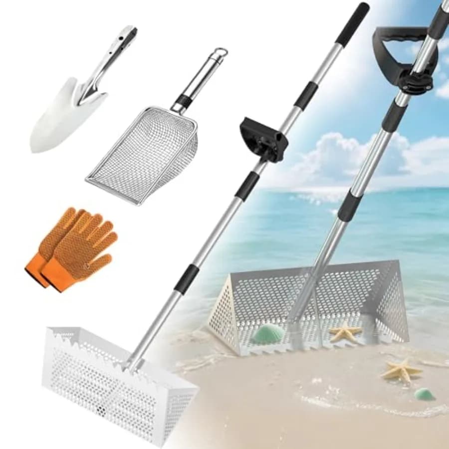 Rastrello per pulci della sabbia, setaccio per sabbia da spiaggia in acciaio inossidabile a denti di squalo con rete di drenaggio staccabile da 16 pollici e impugnatura ergonomica