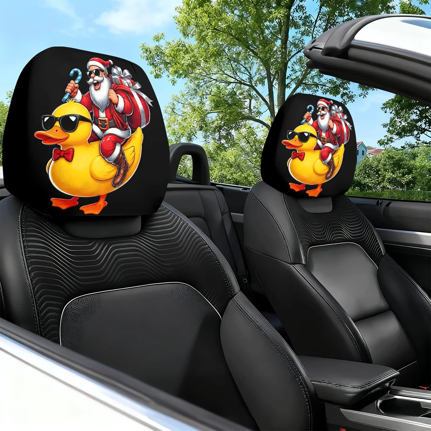 2 pezzi Cuscino per sedile auto con Babbo Natale che cavalca un'anatra, design creativo, motivo stampato a tema, protezione per poggiatesta e cuscino per il collo - Caratteristiche