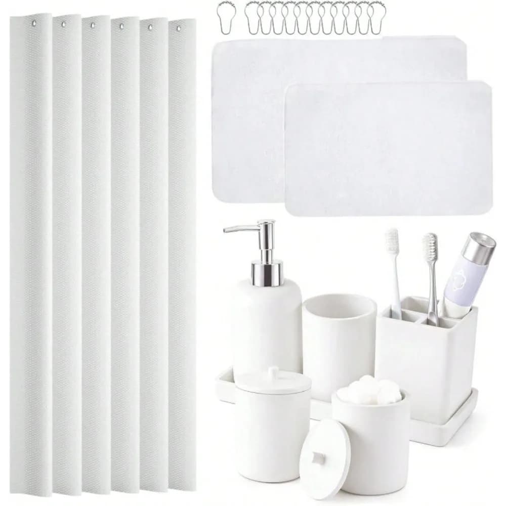 Set di accessori da bagno da 21 pezzi con tenda da doccia impermeabile e tappetino antiscivolo, set da bagno in resina con portaspazzolino