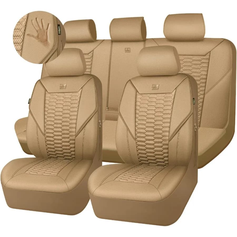 Coprisedili per auto in pelle PU in schiuma 3D Set completo Coprisedili in ecopelle traspirante marrone chiaro per auto antiscivolo universale adatto per SUV Va