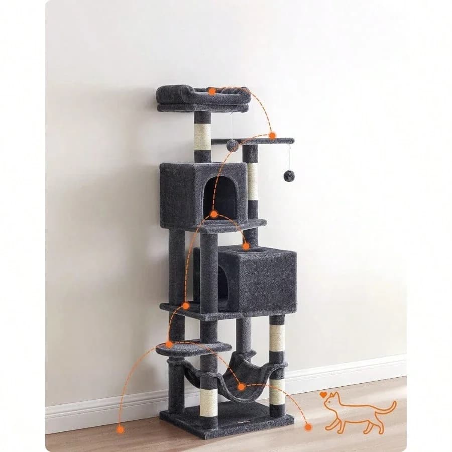 Albero per gatti multi-livello in peluche da 61 pollici con 5 posti per grattare, 2 posatoi, 2 grotte, amaca e pompon, grigio fumo