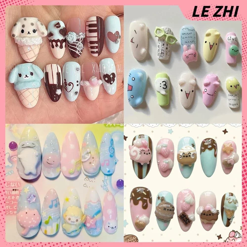 3D Cartoon Rilakkuma Pinching Press On Nails Art Stickers Cute Cat Rabbit Bear Animals Shape Customizable JapanSeries Fake Nails