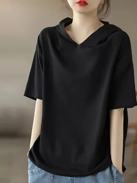 Ladies Cotton Hoodie T-Shirt Short Sleeve Fashionable Summer Loose Slimming Top Korean Style Commute Wind Universal Fit