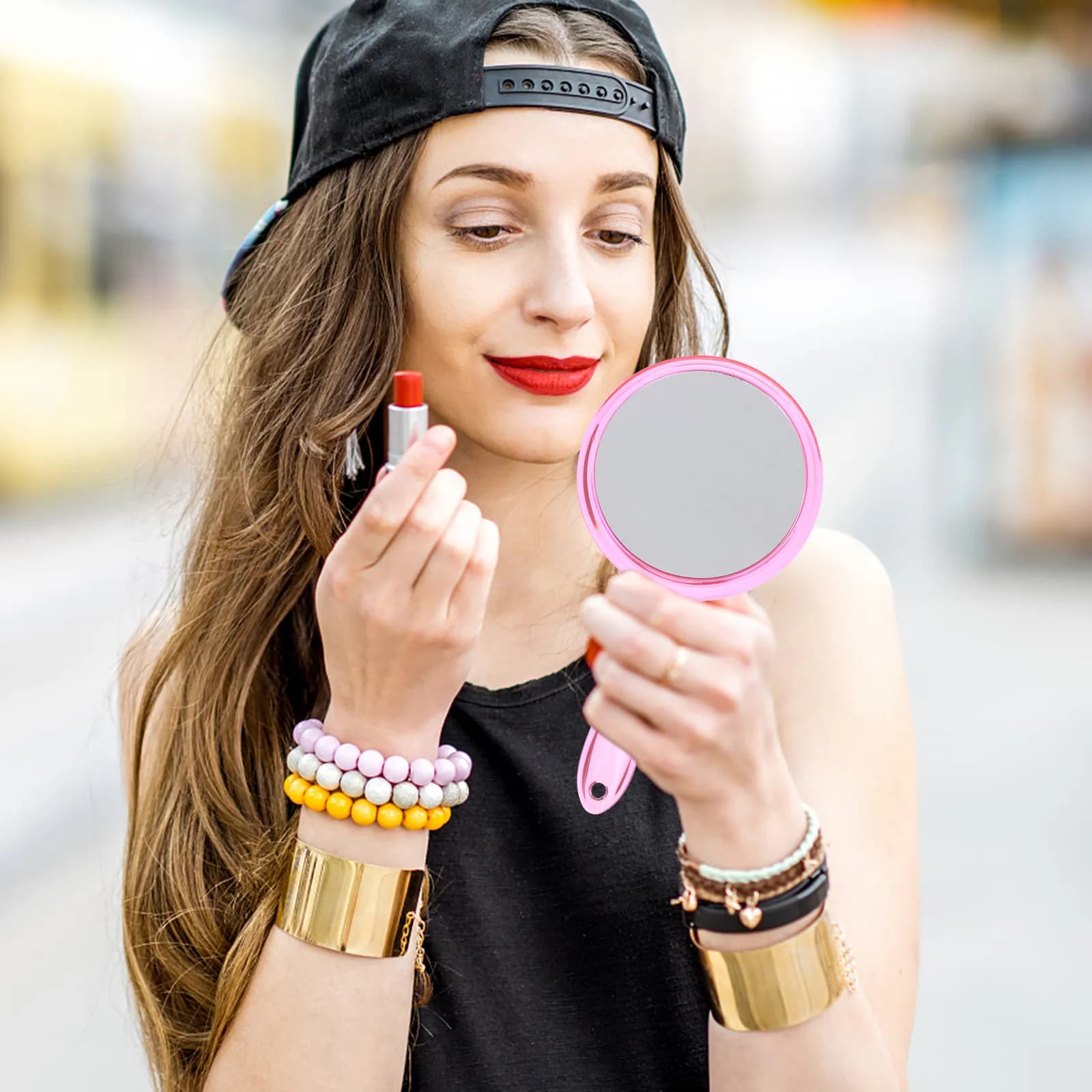 2-piece high definition double-sided mirror with 3X magnification for mascara, tweezers, floss, compact, elegant, rounded, portable