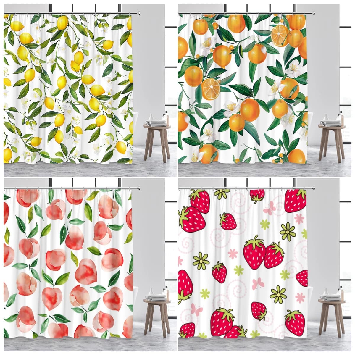Tenda Doccia con Stampa Frutta Limone Arancia Pesca Fragola, Impermeabile in Poliestere, Decorazione Bagno
