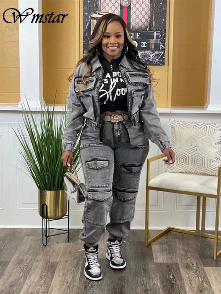 Wmstar Denim Set da due pezzi Giacca da donna Cappotto Top Jeans Pantaloni cargo Cool Nuovo in inverno Abiti coordinati Dropshipping all'ingrosso