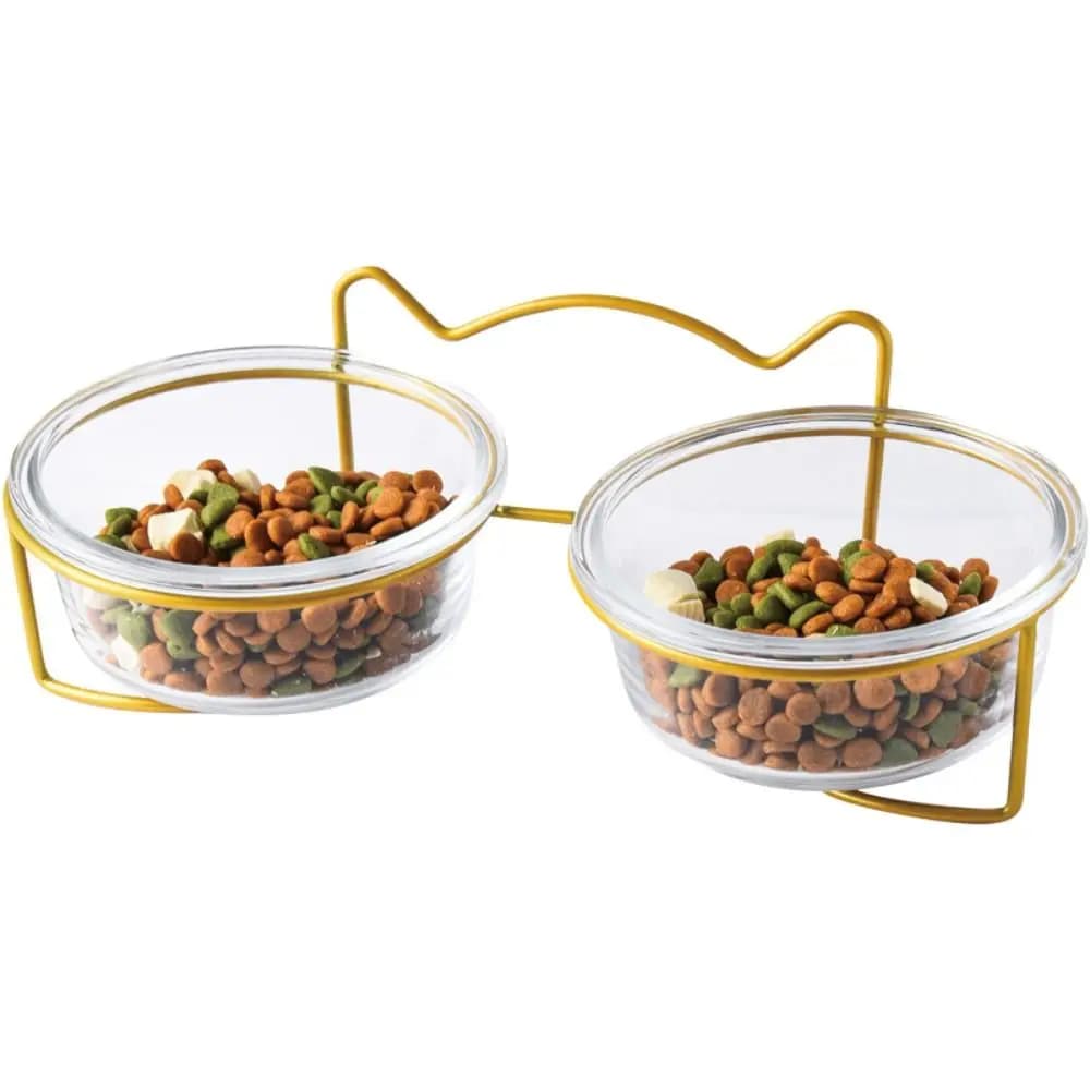 New Double Glass Bowl Glass Cat Dog Bowl with Iron Frame Gold Stand Puppy Food Bowl Pet Supplies Accessories Cat and Dog