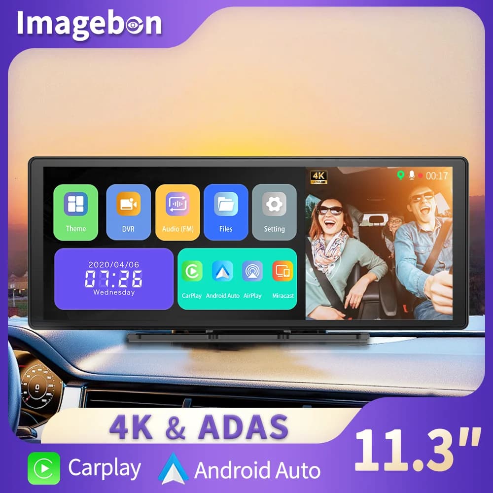 Dash Cam Imagebon H50 from 11,3" 4K ADAS Wireless CarPlay and Android Auto 3 channel recording Time Lapse 24 hours Parking monitor Black box