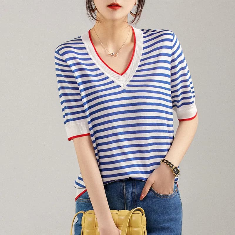 Nuovo maglione lavorato a maglia a righe con scollo a V pullover da donna manica corta Sueters De Mujer maglione lavorato a maglia pullover donna top maglioni Q2252