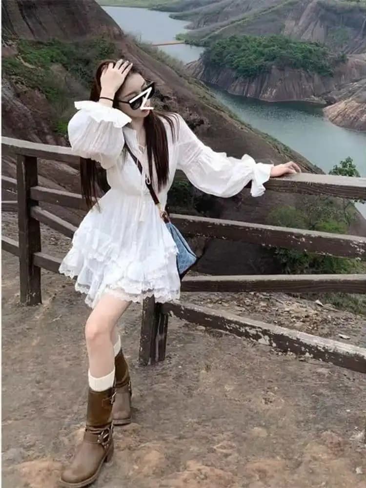 Bohemian Style White Dress Waist Cinched Slimming Cake Skirt Lantern Sleeve Short Dress Travel Tour V Neck a Line Gown