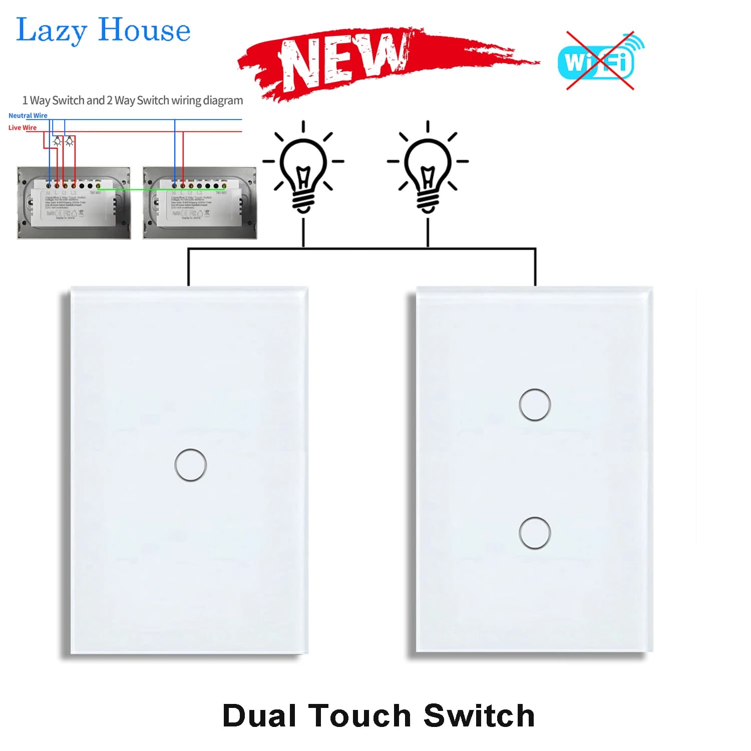 Interruttori da parete con sensore LED a 2 vie con doppio interruttore tattile con interruttore per scale da camera da letto con pannello in vetro temperato per US BR Country No Wifi
