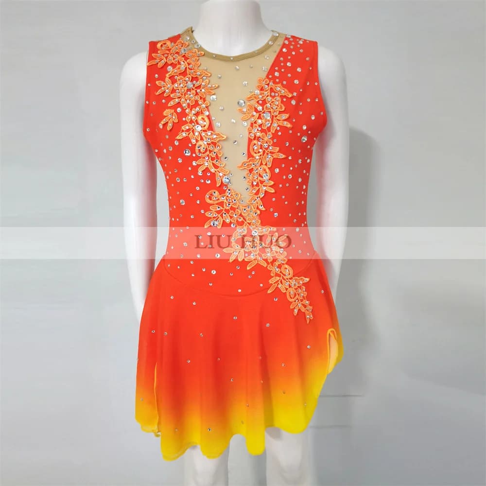 LIUHUO vestito da pattinaggio artistico su ghiaccio donna Aldult Girl personalizza Costume Performance Competition Dance Teens Orange senza maniche Child