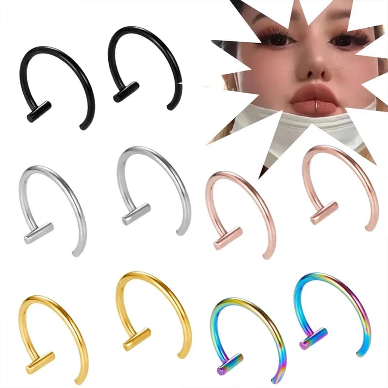 18G Surgical Steel Lip Ring Half Hoop Earrings Open Hoops T Bar Half Huggie Cartilage Tragus Piercing Jewelry for Women & Men