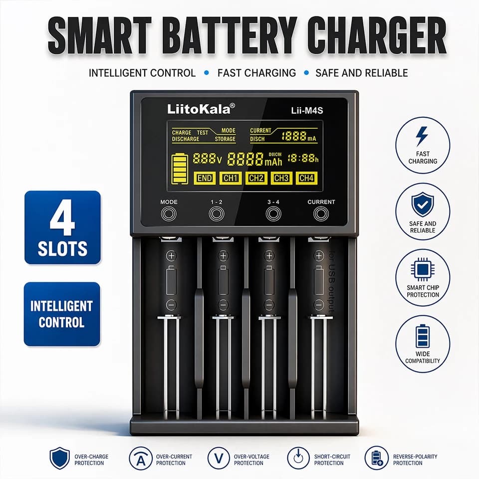 Lii-M4S Smart Touch 4-Slot Battery Charger for 18650 26650 AA AAA Li-ion Ni-MH,Capacity Tester, USB Output, Flashlight Accessory