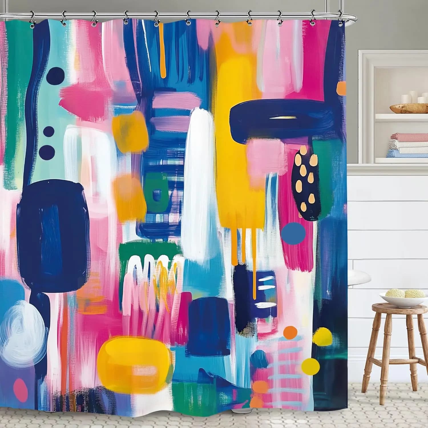 Colorful Abstract Art Shower Curtain, Modern Brushstroke Design Polyester Fabric with 12 Hooks for Bathroom