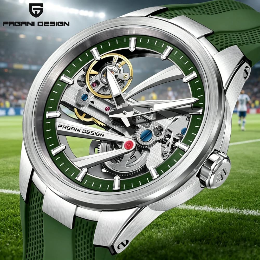 Orologio Meccanico Scheletrato Verde PAGANI DESIGN PDYS030 da Uomo, Sportivo con Cinturino in Fluororubber, reloj hombre