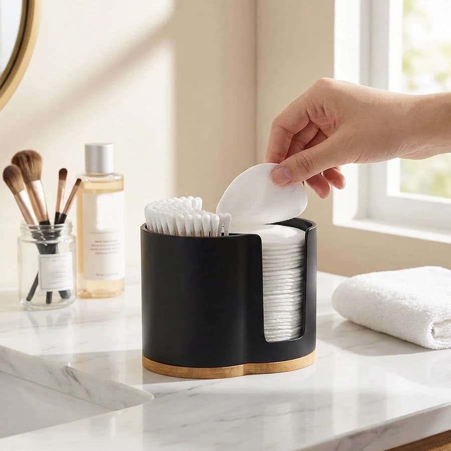 Contenitore porta bastoncini e cocapunti a 2 scomparti, organizer da bagno, accessori, barattolo in plastica, dispenser, scatola per la conservazione in bagno e casa