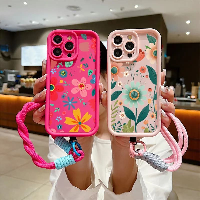 Custodia per telefono con cordino a catena da polso per iPhone 11 12 13 14 15 16 Pro MAX XS Max XR 7 8 16 Plus Custodia morbida in TPU con cinturino a forma di fiore carino