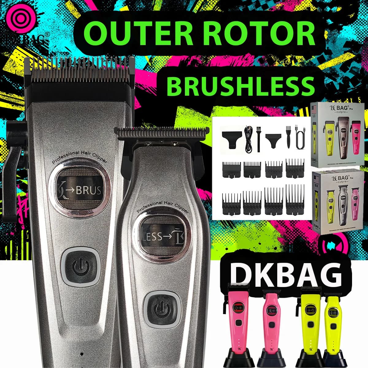 DKBAG Professional Men's Hair Tosatrici Set with External Round Brushless Motor, DLC Blade, Charging Base and Trimmer