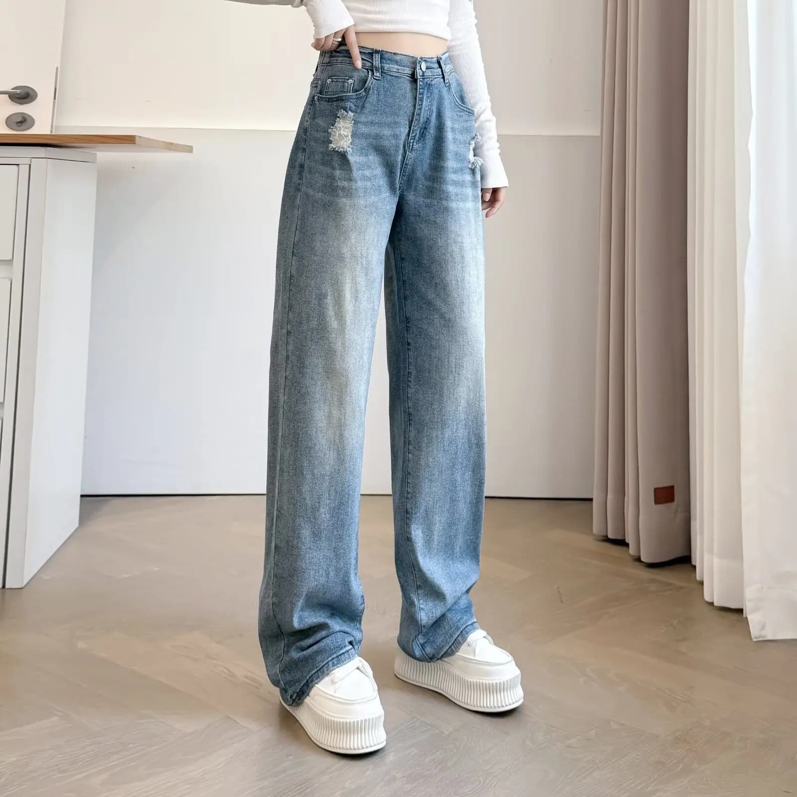Jeans da donna XXXXL moda taglie forti Nuovi pantaloni a gamba dritta autunnali con fori e pantaloni casual in denim lavato a figura intera 2570