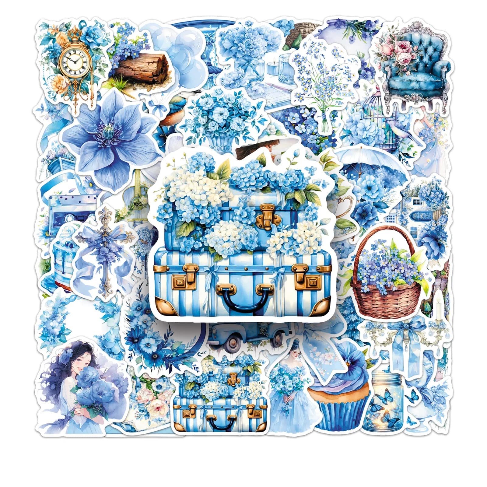 50/100 Pezzi Adesivi Blu Stile Giardino, Impermeabili Fai-da-te per Scrapbook, Telefono, Cartelle, Tazze, Laptop, Valigie, Caschi