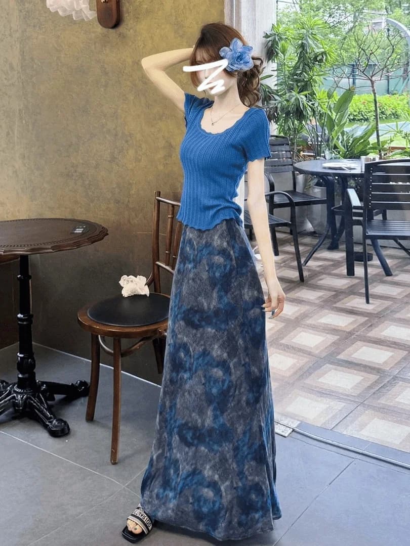 Blue Lace Short Sleeve Women's Top And Fish Tail Skirt Two Piece Set Summer Slim Fit Fashionable Casual Wear round Neck Knitwear