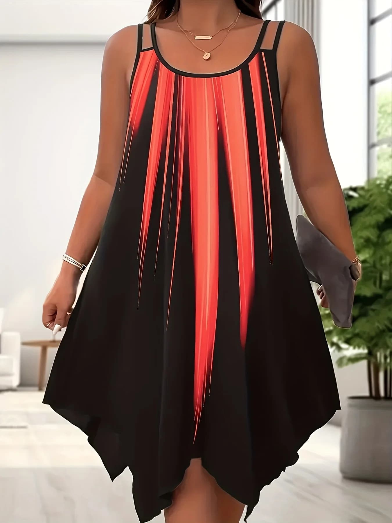 Abito elegante con stampa sfumata taglie forti: senza maniche, doppie spalline, girocollo, misto poliestere elastico, lavabile in lavatrice, abito sottoveste con cinturino per spaghetti, abbigliamento taglie forti
