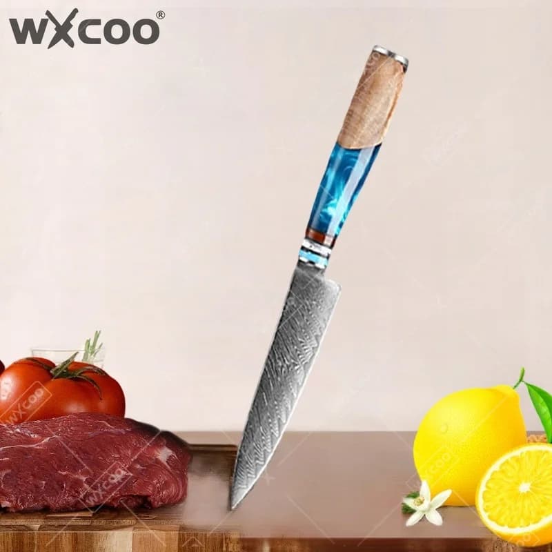 Set di Coltelli da Chef WXCOO in Acciaio Damascato, Coltelli Professionali Giapponesi con Manico in Resina Blu, Set di Coltelli Multiuso per Frutta e Verdura