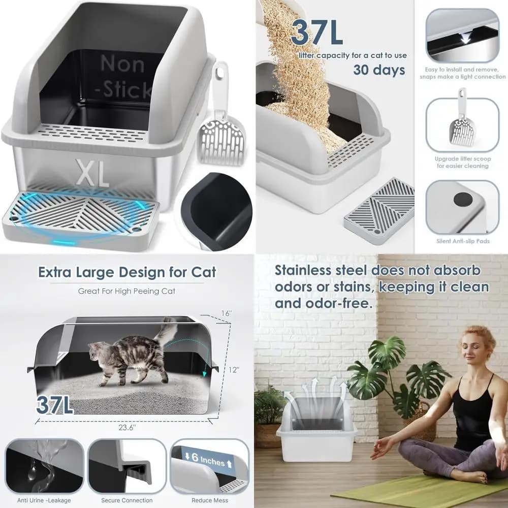 Lettiera per Gatti XL Extra Large in Acciaio Inossidabile con Coperchio, Pareti Alte, Anti-Perdita, Facile da Pulire