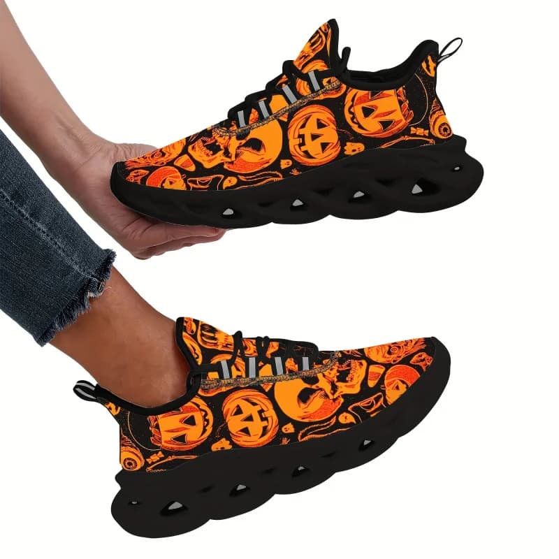 Ladies Men Halloween Orange Pumpkin Skull Reflective Plus Size Outdoor Casual Sneakers Running Shoes