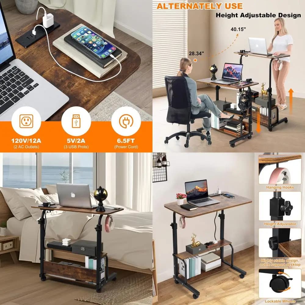 Scrivania per laptop compatta e regolabile per spazi angolari - Supporto portatile con rotelle, 31,5 Marrone