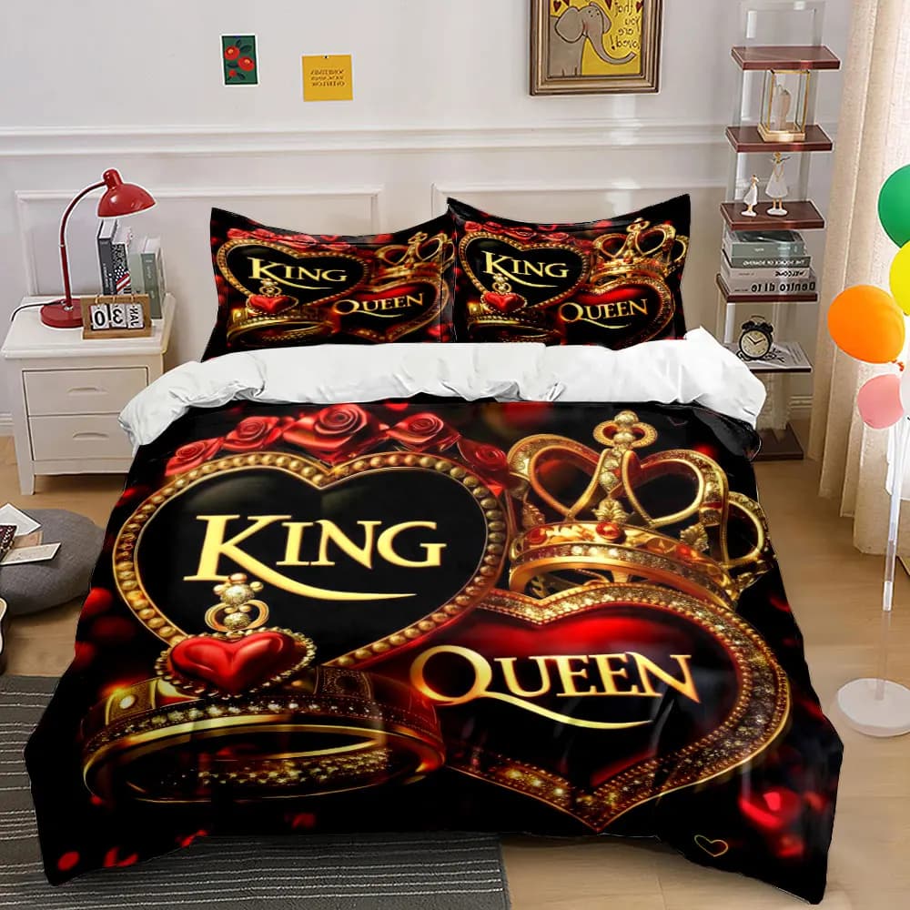 King Queen Crown Bedding Set 3pcs, Luxury Black Gold Heart Print Duvet Cover Set, Romantic Couple Bed Linen for Bedroom Decor