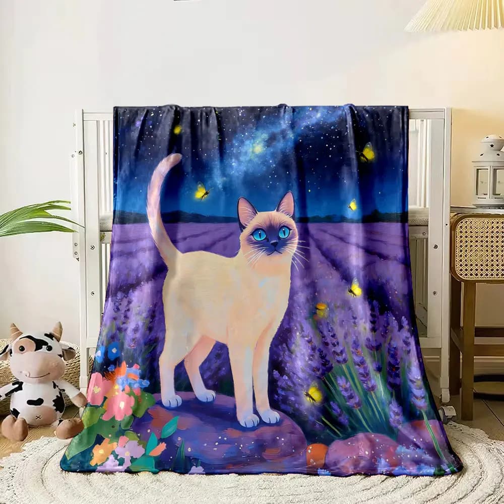 Coperta con stampa a tema foresta fantasy gatto siamese multi-dimensione, viaggio a casa, campeggio, per adulti e bambini, regali di lusso, coperta da picnic