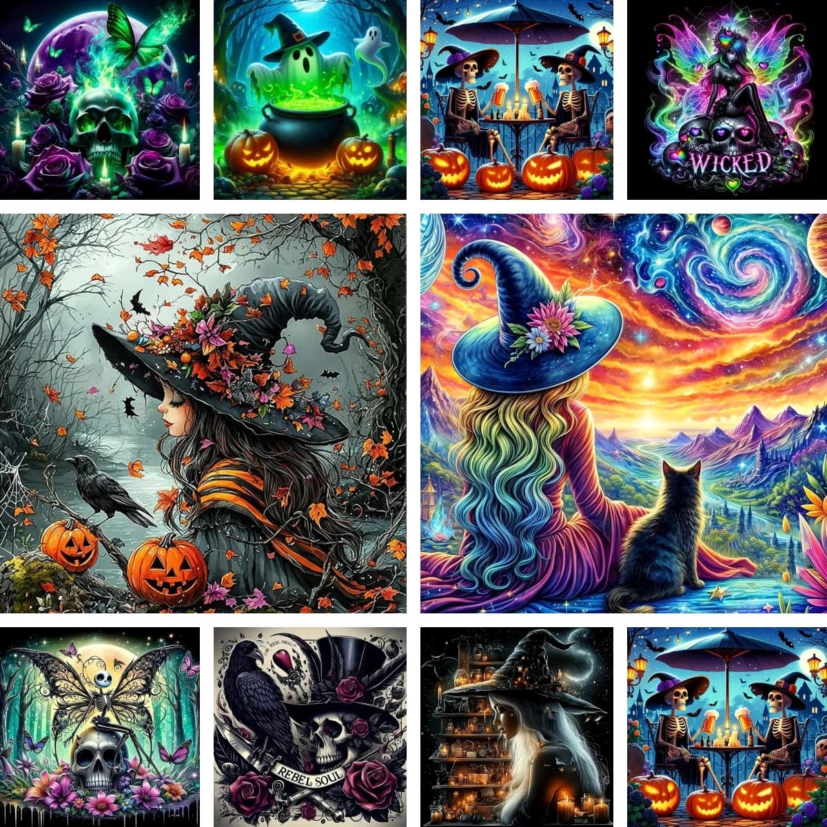 DIY Diamond Painting Cross Stitch Skeleton Witch Diamond Embroidery Mosaic Picture Witchy Vibe Halloween Party Decorating