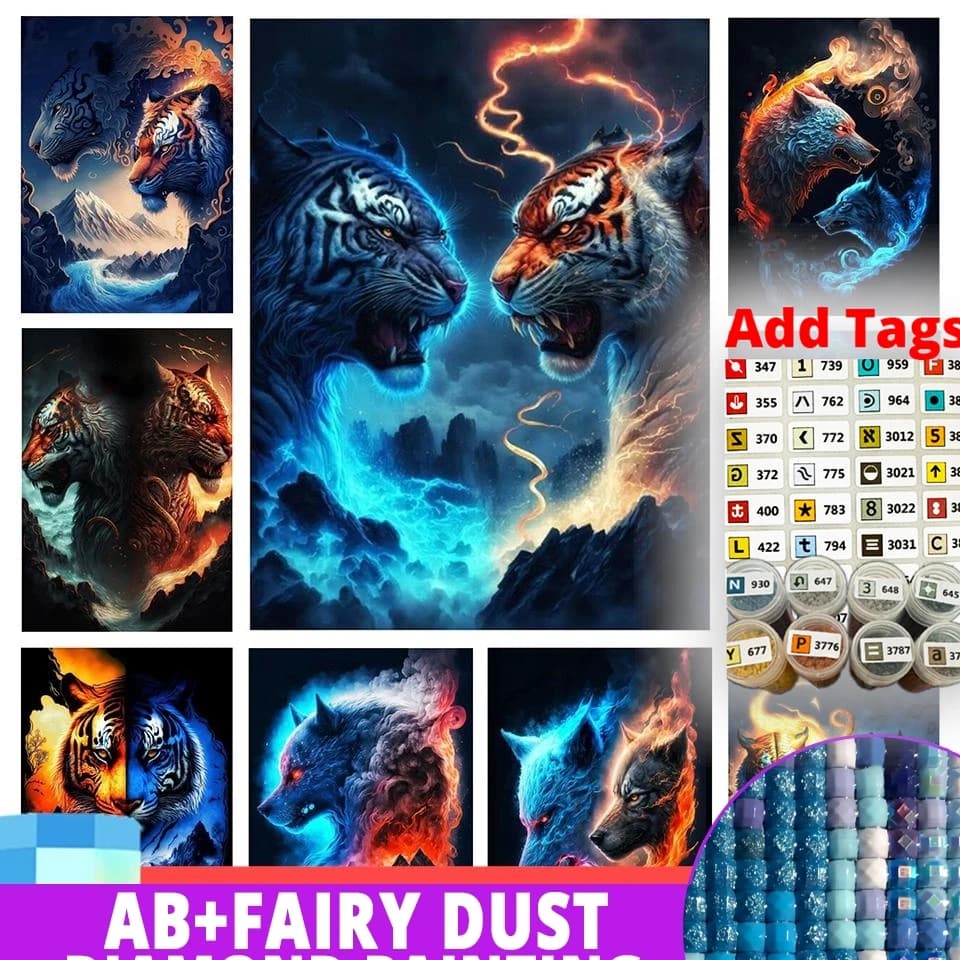 Fairy Dust AB Comes with DMC stickers 5D Diamond Painting Drill Tiger and Wolf Full Round/Tai Ji Rhinestone Mosaic Animal Embroi