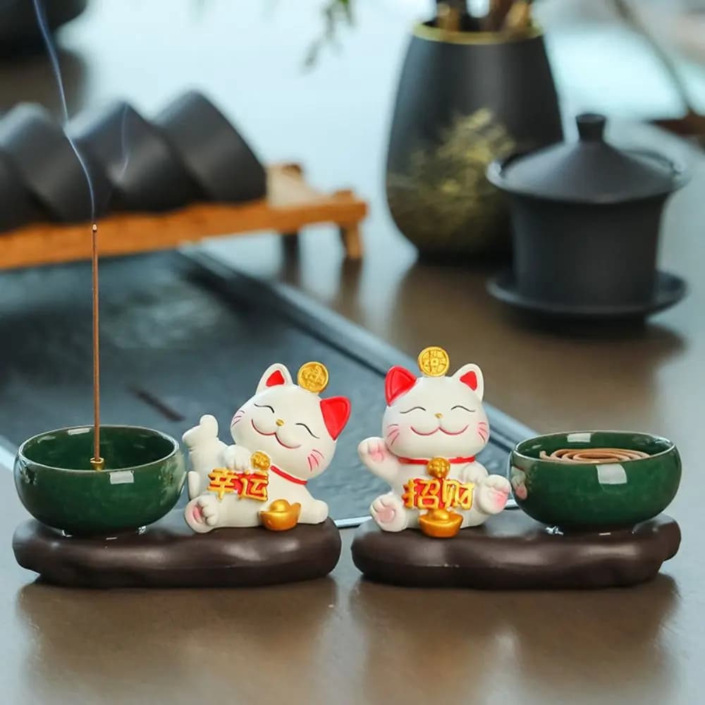 Creative Lucky Cat Incense Burner Traditional Ceramic Incense Stick Holder Chinese Style Cartoon Tea Table Oraments