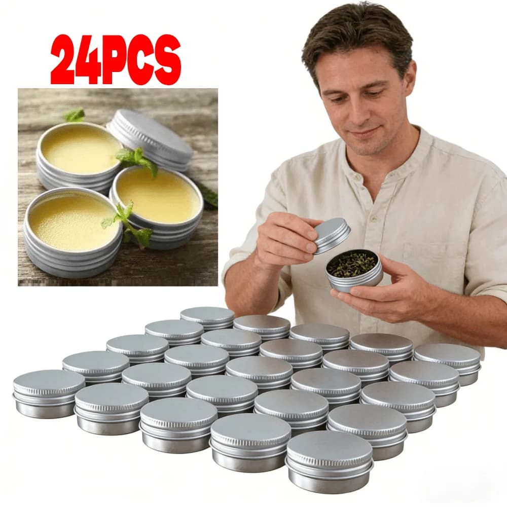 24 contenitori rotondi in alluminio con tappo a vite per balsamo labbra, cosmetici, candele, unguenti, trucco, ombretto