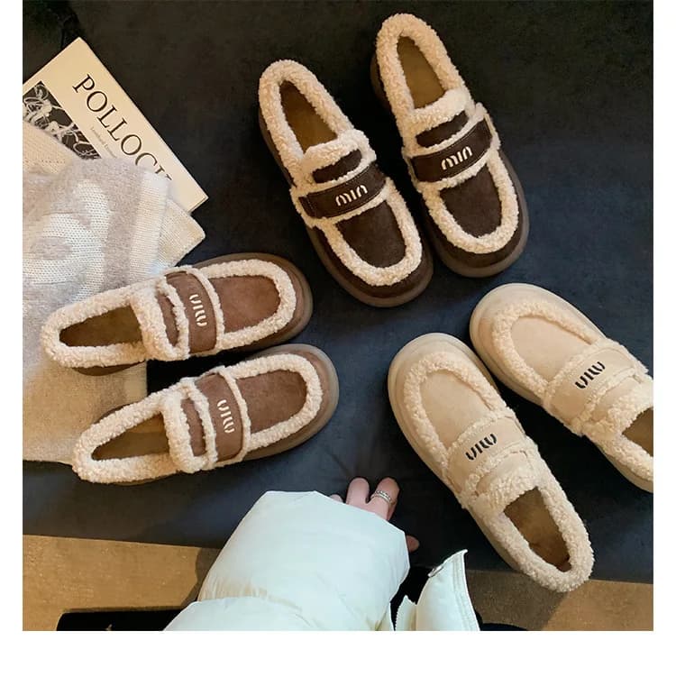 Scarpe da persona pigra slip-on foderate in pile con fondo spesso Punta tonda Suola in gomma Comode scarpe basse da donna invernali