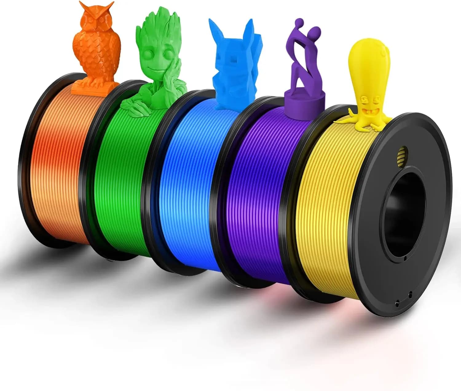 Filamento PLA 1.75mm per Stampante 3D, Set di 5 Colori: Arancione, Verde, Blu, Giallo, Viola, Alta Precisione ±0.02mm, Confezionato Sottovuoto