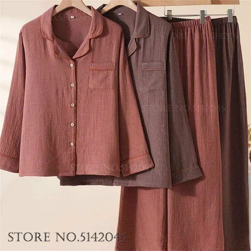 Spring Autumn New Female Pajamas Set 100%cotton Couple Sleepwear Home Clothes Loose Cotton Gauze Night Wear Loungewear Pyjama